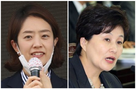 고민정(왼쪽) 더불어민주당 의원과 전여옥 전 국회의원. 연합뉴스